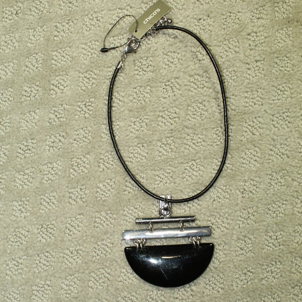 NWT/NOS Made in USA Chico's Silver Tone Abstract Pendant Black Cord Necklace